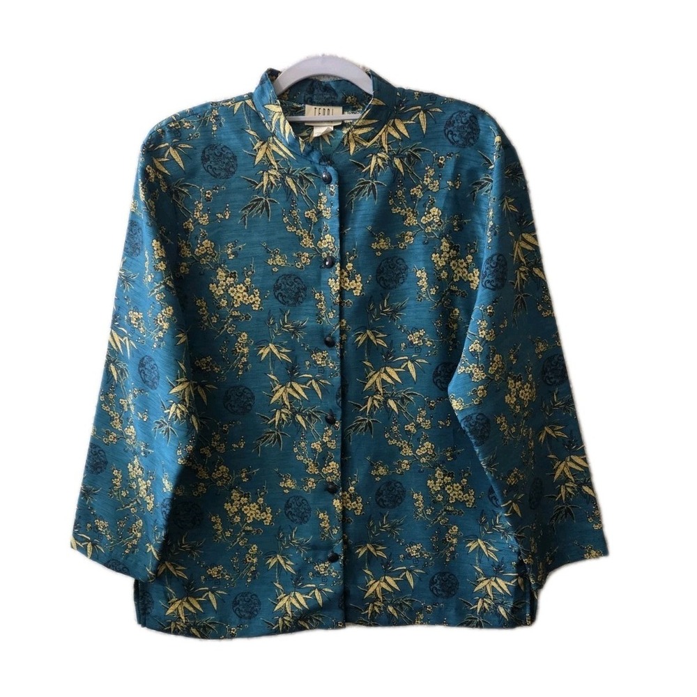 Teddi Petite Asian Floral Bamboo Blouse Top Jacket PL Teal Gold Button Front